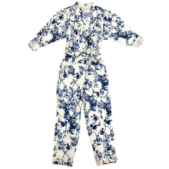 ANTHROPOLOGIE NWT Blue and White Floral Belted Jumpsuit Romper – Size 12 Large - Picture 6 of 13